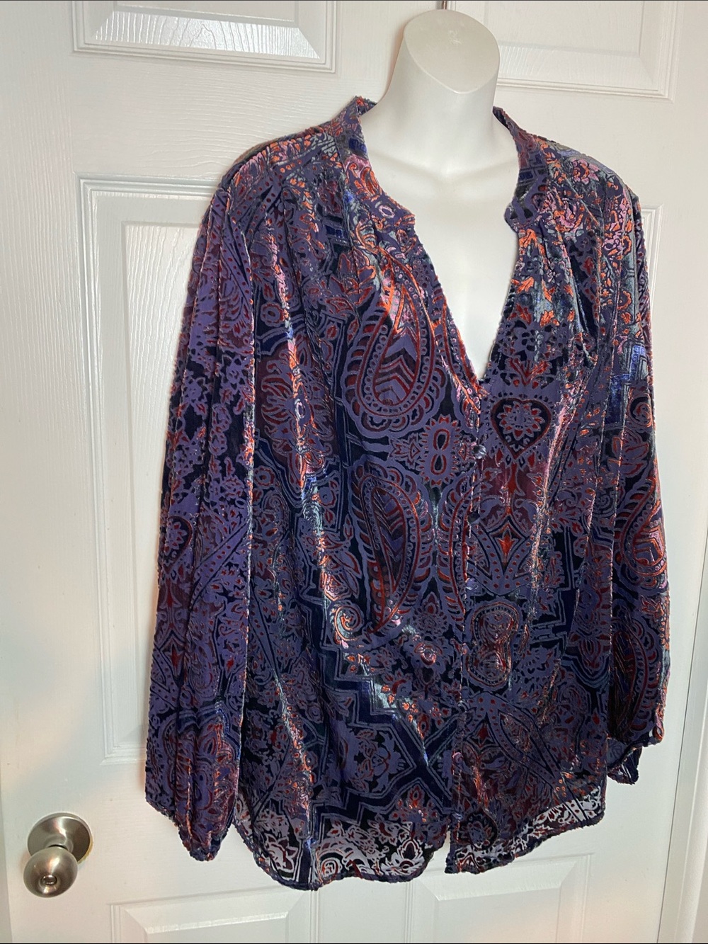 Tahari Purple and Pink Velvet Paisley V-Neck Blouse